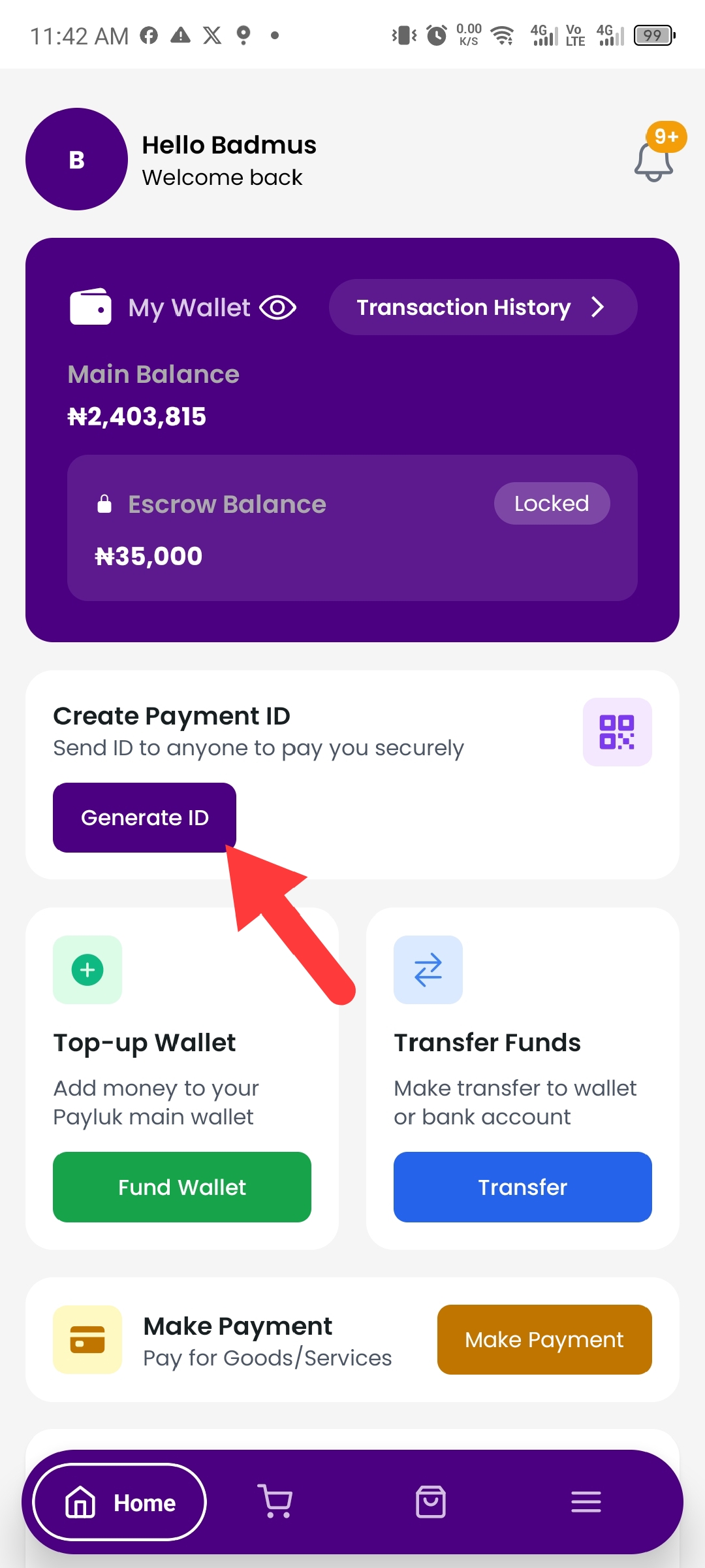 Payluk Home Screen with Create Payment ID Button